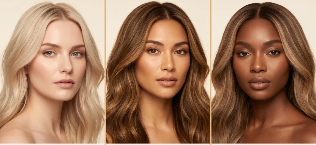 Hair color trends San Marcos matched to skin tone, from cool blonde to warm brunette, by Bellisimo Styles Boutique