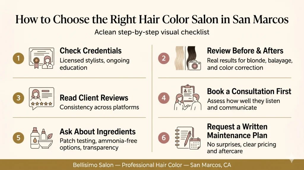 Step-by-step infographic guide to choosing the right professional hair color salon in San Marcos covering credentials, consultations, patch testing, and maintenance plans