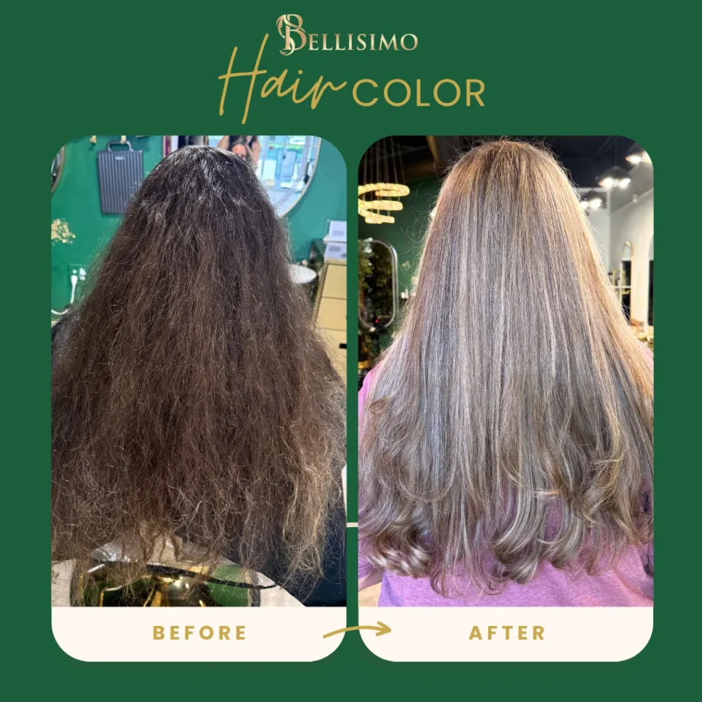 Before and after hair color transformation at Bellisimo Styles Boutique in San Marcos — dark frizzy hair lifted to smooth luminous blonde highlights