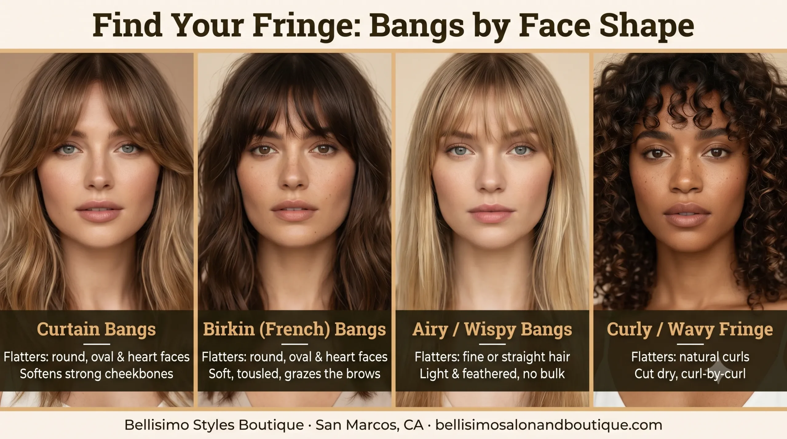 Fringe guide matching curtain, Birkin, wispy and curly bangs to face shapes, from Bellisimo Styles Boutique in San Marcos