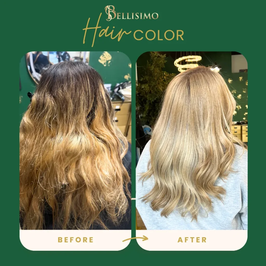 Before and after professional hair color transformation at Bellisimo Styles Boutique in San Marcos CA showing brunette to dimensional blonde balayage result