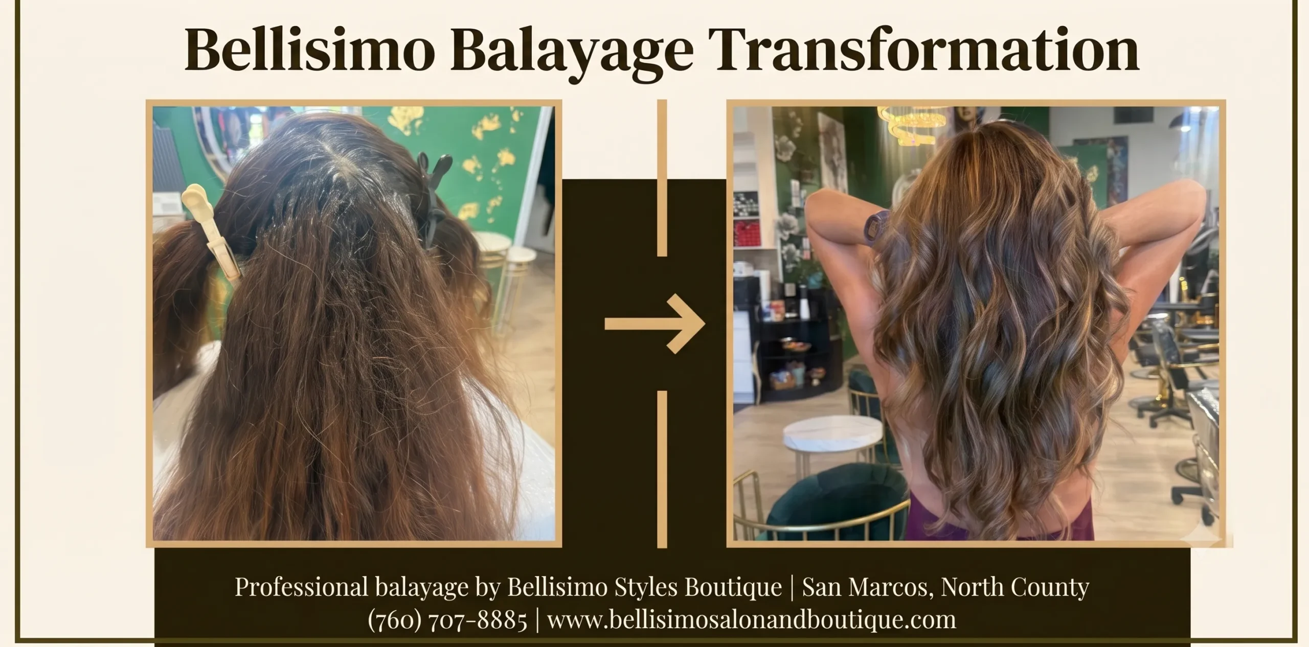 Before and after balayage hair color transformation by Bellisimo Styles Boutique in San Marcos, showing dimensional hand-painted highlights and warm tones/  hair color dye