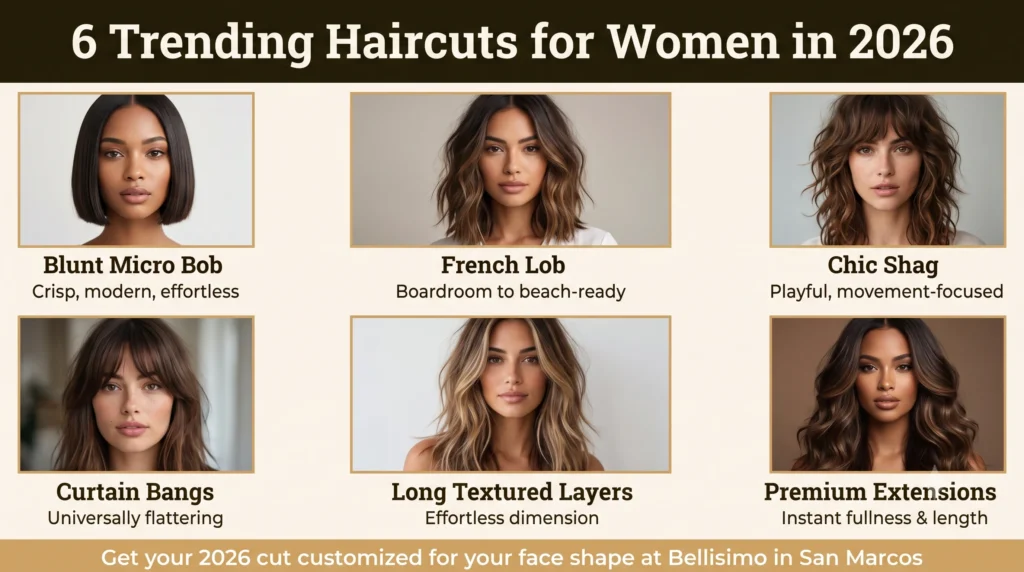 Modern haircuts for women by face shape: six photorealistic examples showing best cuts for round, square, oval, heart, long, and triangular faces, each with two hairstyle options customized at Bellisimo in San Marcos.