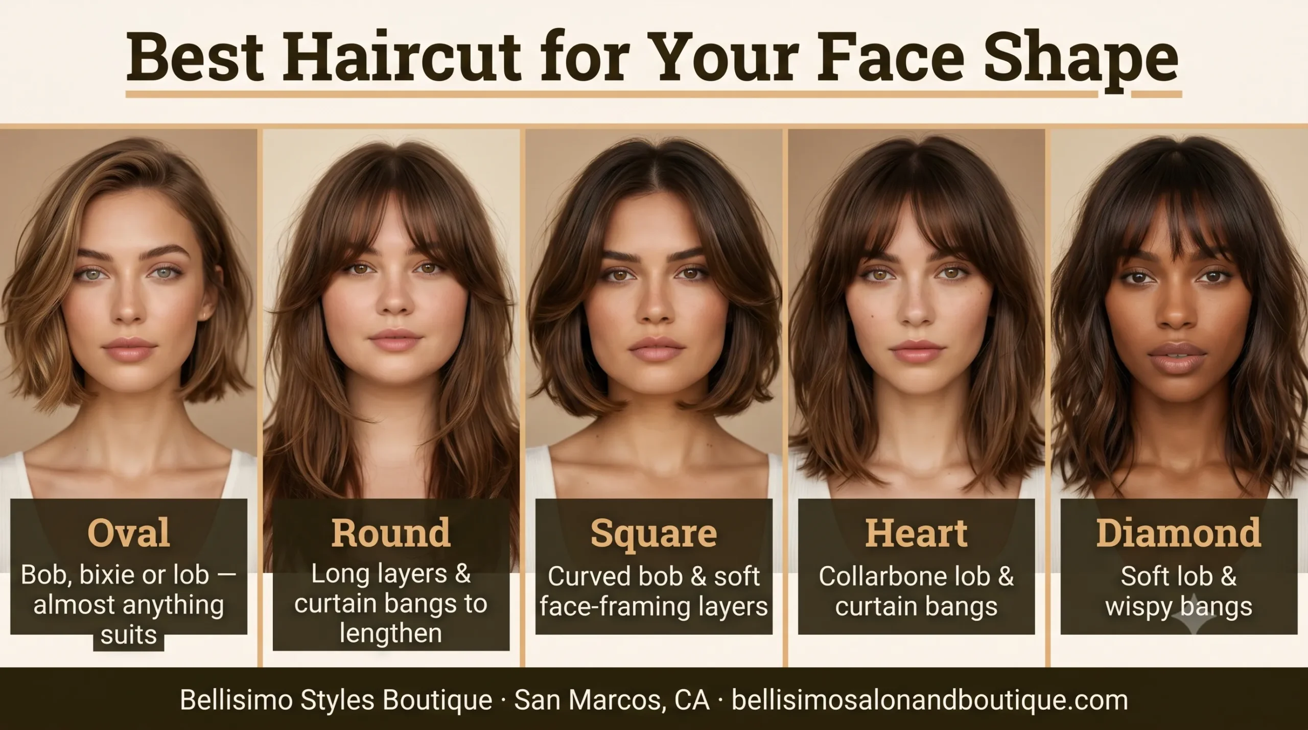 Guide to the best women's haircuts for oval, round, square, heart and diamond face shapes at Bellisimo in San Marcos