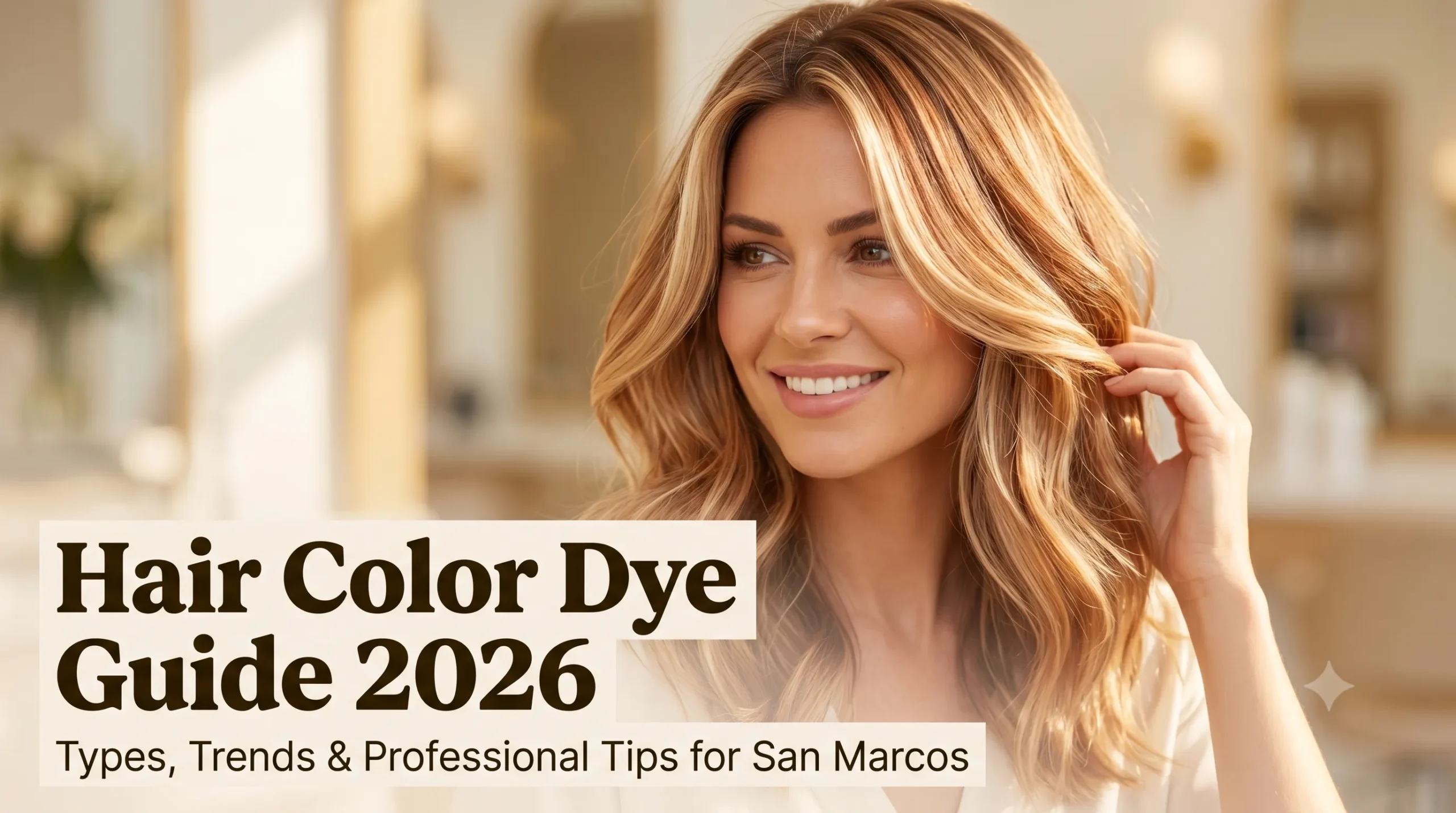 Woman with dimensional butter blonde and caramel balayage smiling in golden sunlight, Bellisimo hair color blog guide/ hair color dye