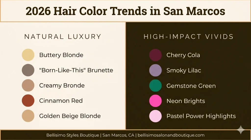 Natural luxury and high-impact vivid hair color trends San Marcos clients are loving for 2026, from Bellisimo Styles Boutique