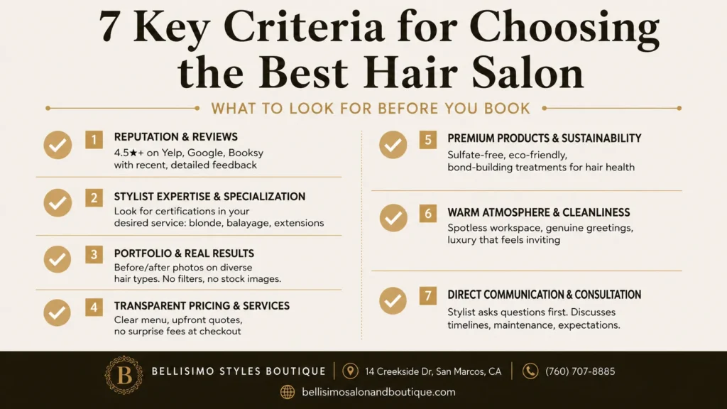 Checklist infographic: 7 criteria for choosing the best hair salon in San Marcos—reputation, stylist expertise, portfolio, pricing, products, atmosphere, and communication.