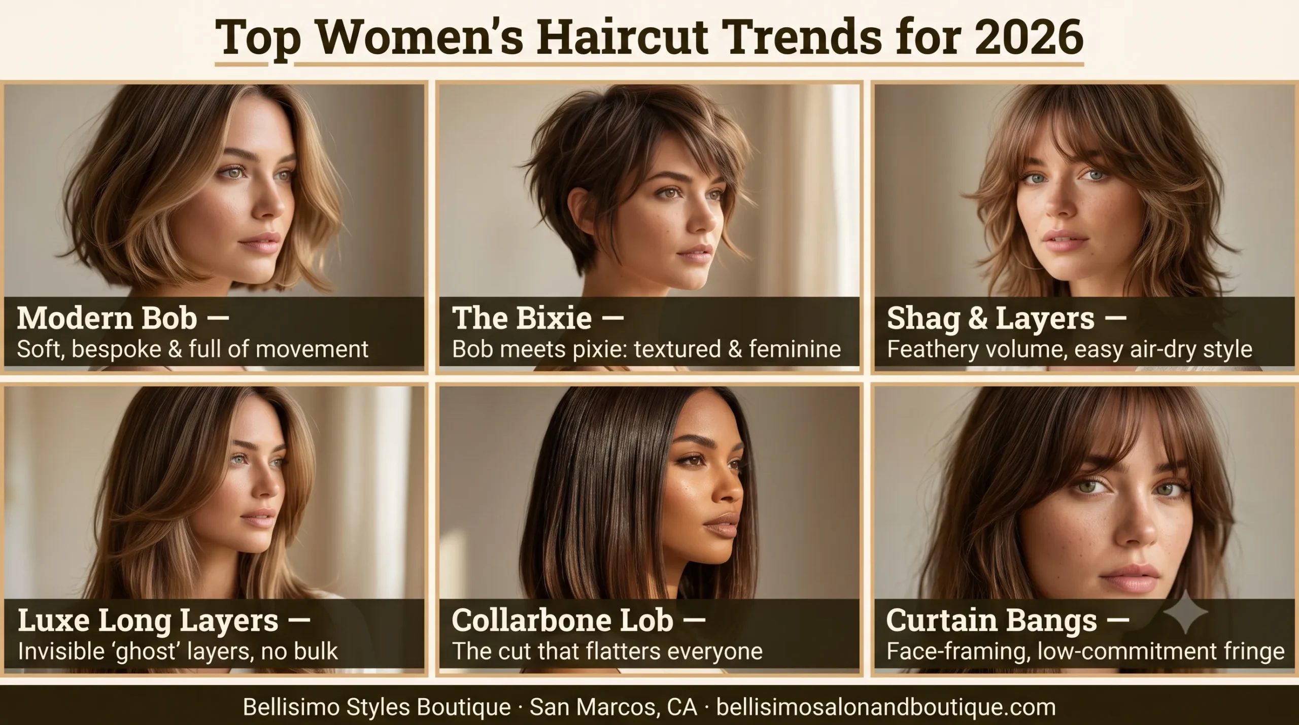 Six top women's haircut trends for 2026 — bob, bixie, shag, long layers, lob and curtain bangs — from Bellisimo in San Marcos