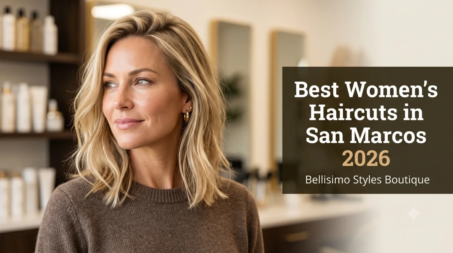 Woman with a sun-kissed blonde collarbone lob, one of the best women's haircuts in San Marcos at Bellisimo Styles Boutique
