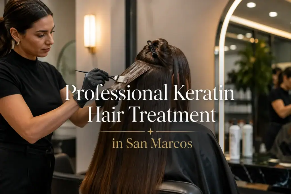 Glossy, smoothed hair following a professional keratin treatment in San Marcos, CA