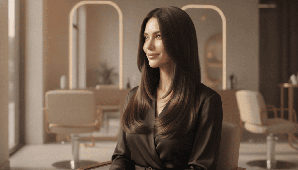 Woman with glossy smooth hair after a keratin treatment at a San Marcos hair salon