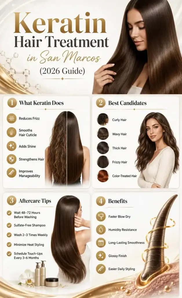 Infographic summarising a keratin treatment: what it does to the hair, who it suits best, aftercare steps, and the main benefits
